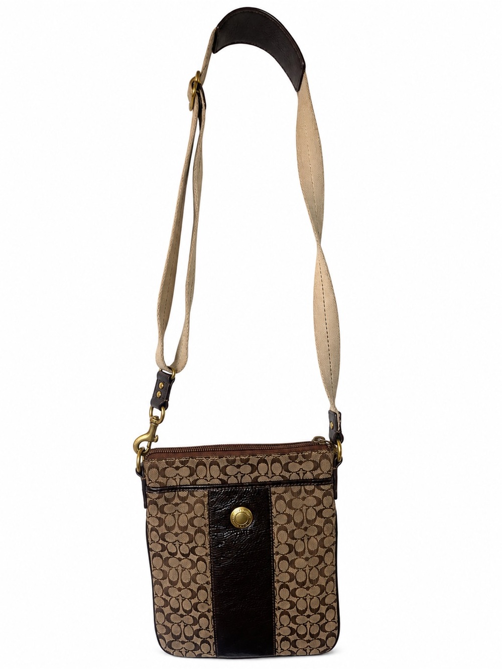 Y2K Coach Signature Swing Pack     Tan and Dark Brown Signature Crossbody Bag